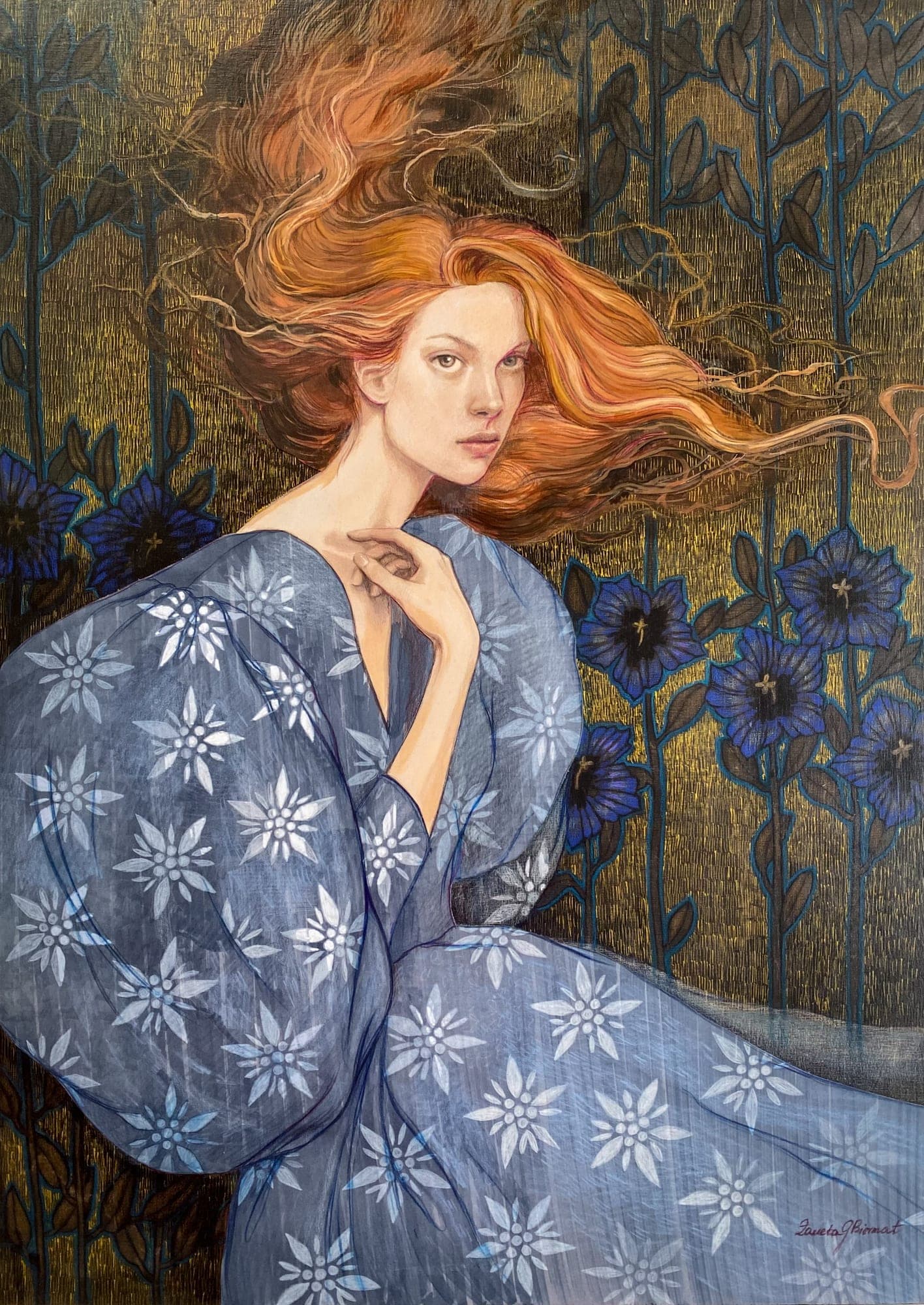 Portrait of a red-haired woman in a pale blue dress patterned with edelweiss, against a gilded ground of blue flowers.