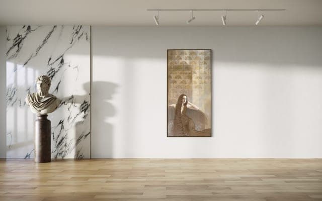 A single gilded panel on a gallery wall beside a marble column and a classical bust.